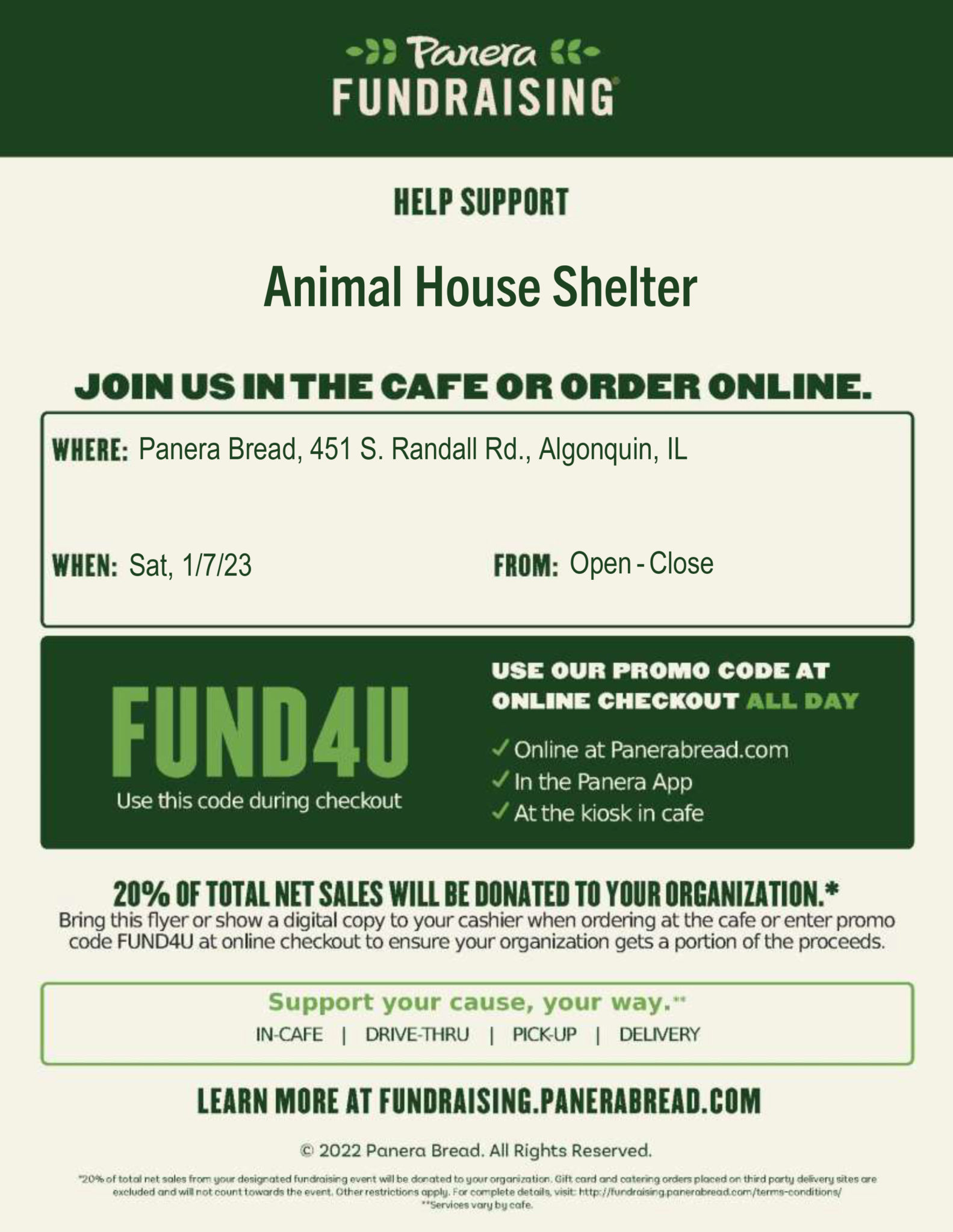 Panera Bread Dine to Donate Jan. 7th, 2023 Animal House Shelter